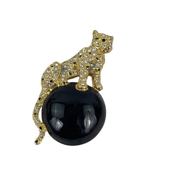 Gold Leopard Brooch Pin With Black Onyx and  Rhinestone Accents - Picture 1 of 8